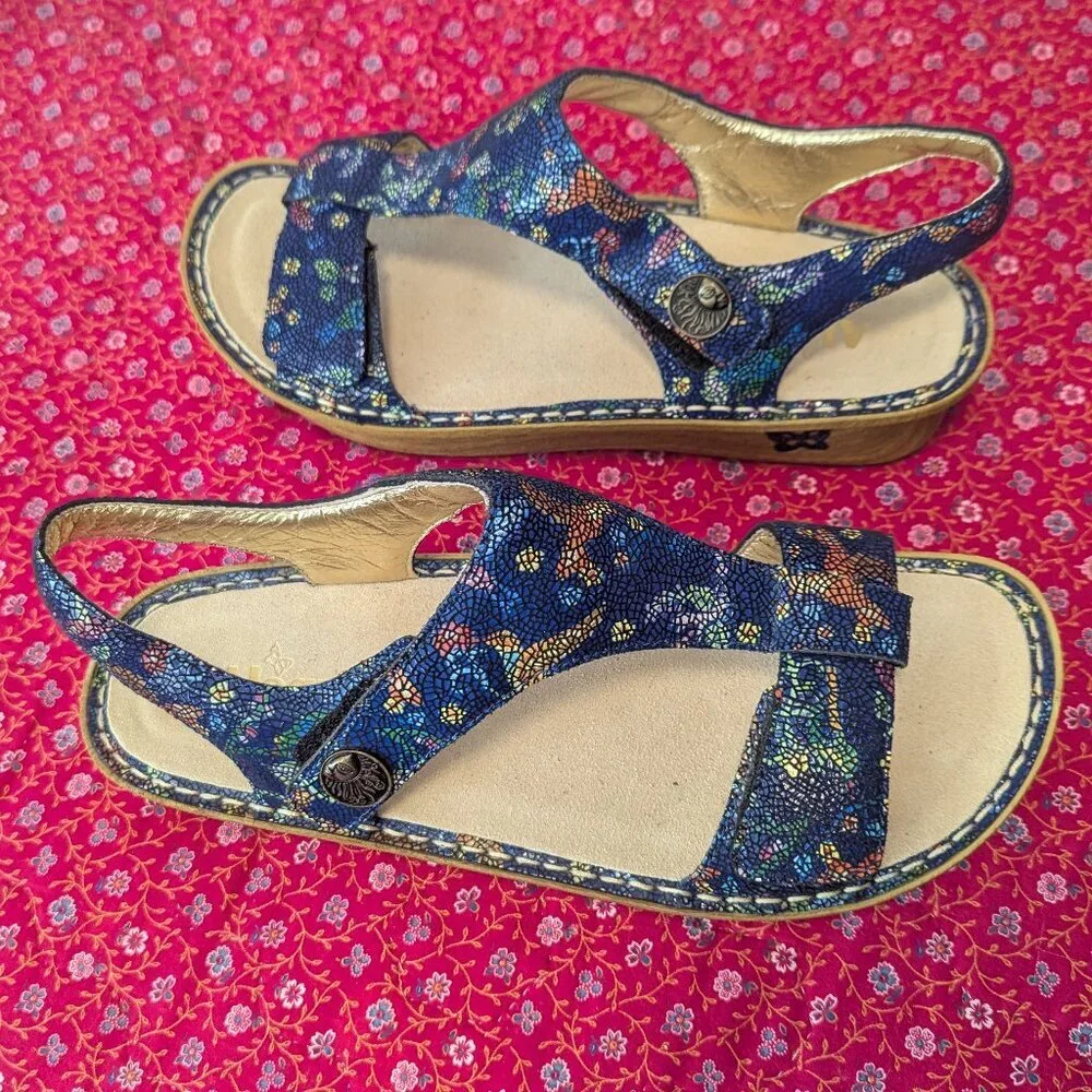 NWOT Alegria Platform Sandals‎ Kendra Blue Birdland Mosaic Print Leather T Strap